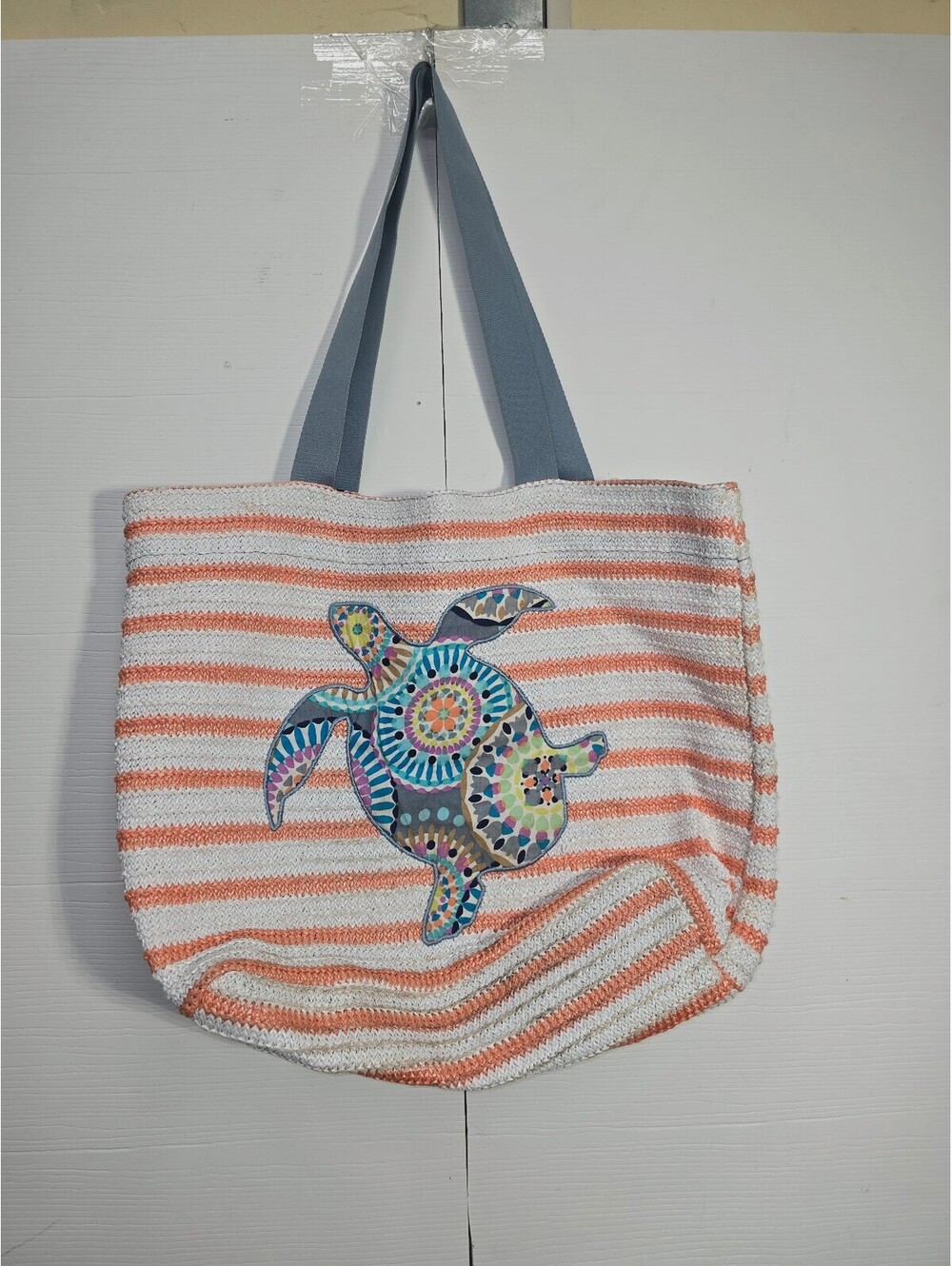 Vera Bradley Woven Straw Stripe Sea Turtle Patch Beach Tote Bag Coral Blue